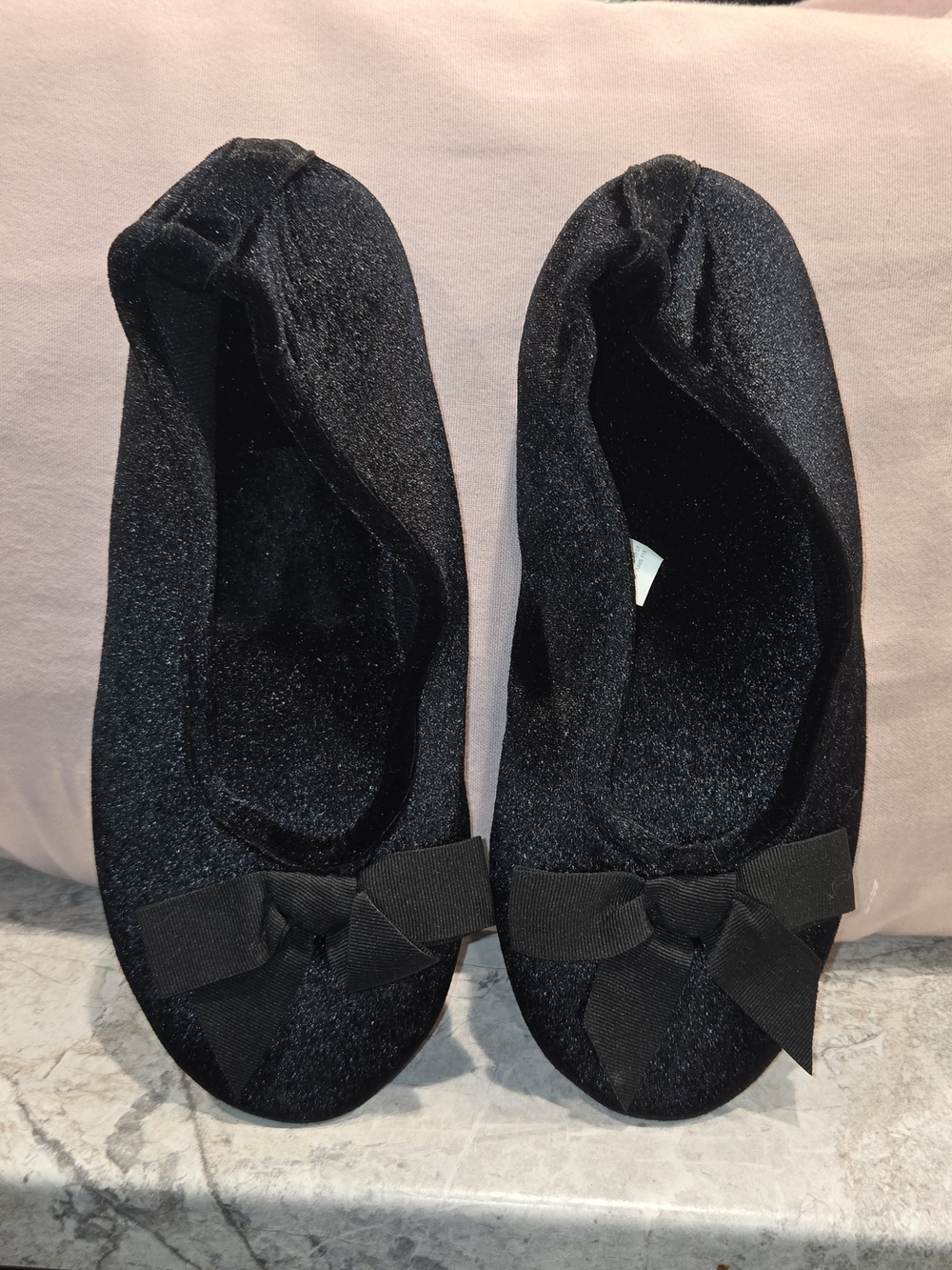 isotoner Black Velvet Ballet Flats with Bow Accent